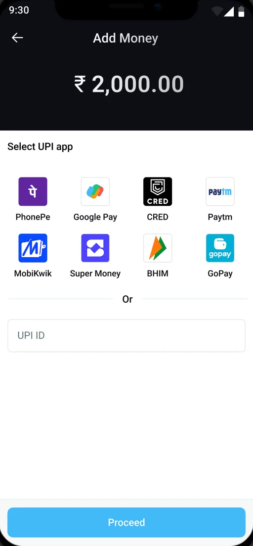 Add Money screen with UPI app choices
