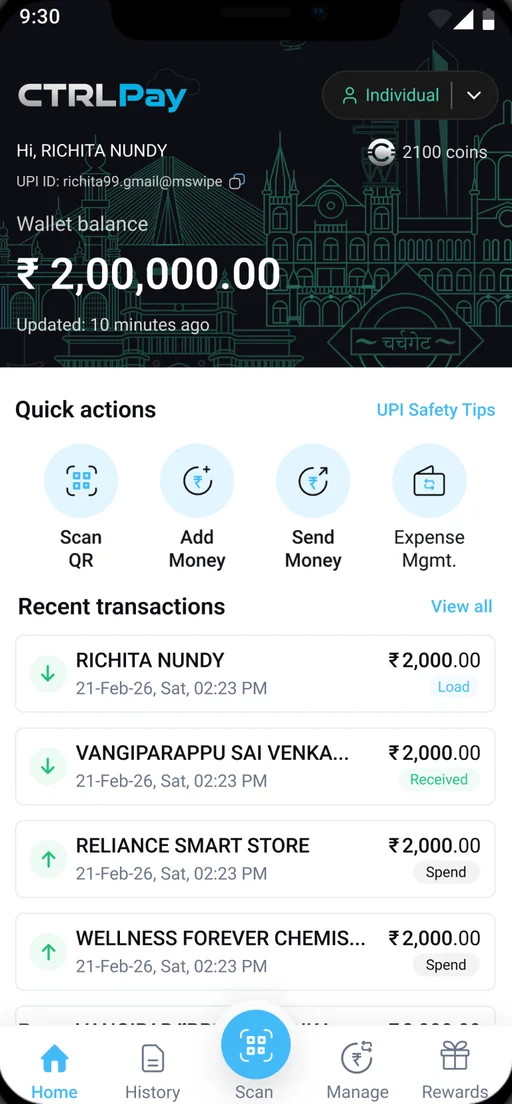 CTRL Pay app home screen showing wallet balance, quick actions and recent transactions