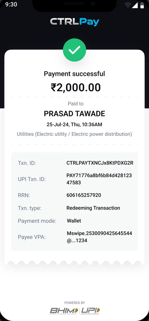 Payment successful receipt with transaction details