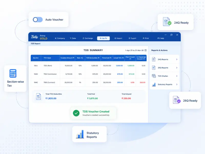 Smart TDS Automation - Auto TDS calculation, voucher creation and 24Q/26Q filing in Tally
